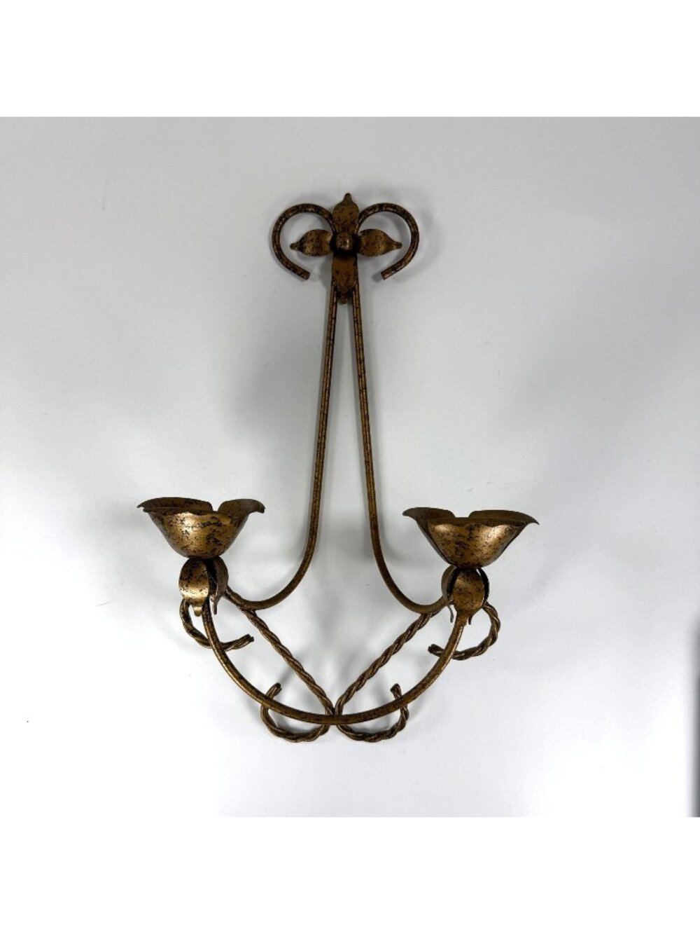 Vintage Double Wall Sconce Metal Candle Holder Copper Italian Tole Rose Flower